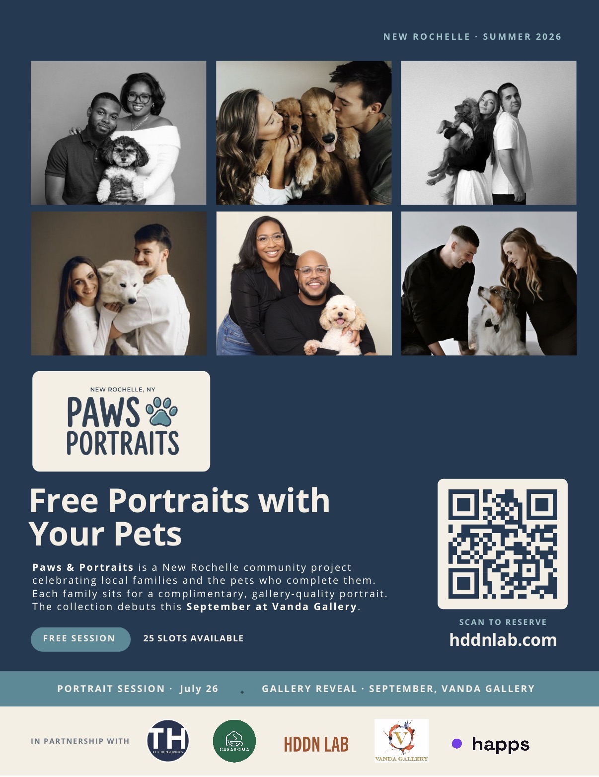 Poster for PAWs Portraits. Blue poster with several images of owners and their pets